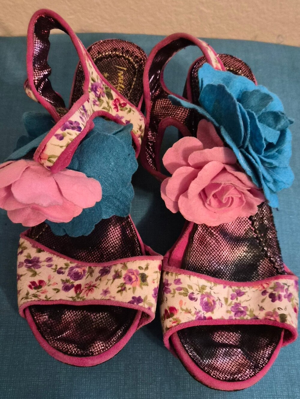 Irregular Choice Pink & Teal Floral Appliqué Wedge Sandals.